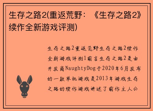 生存之路2(重返荒野：《生存之路2》续作全新游戏评测)